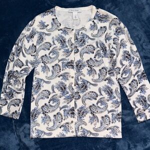 White House Black Market Blue and White Paisley Sweater